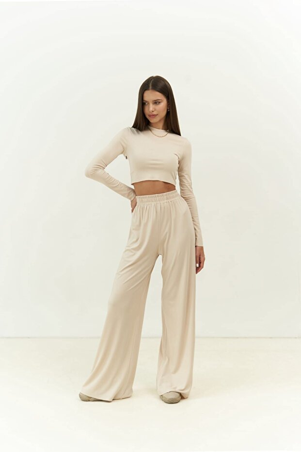 Jany Long Sleeve Beige Crop Pants Set