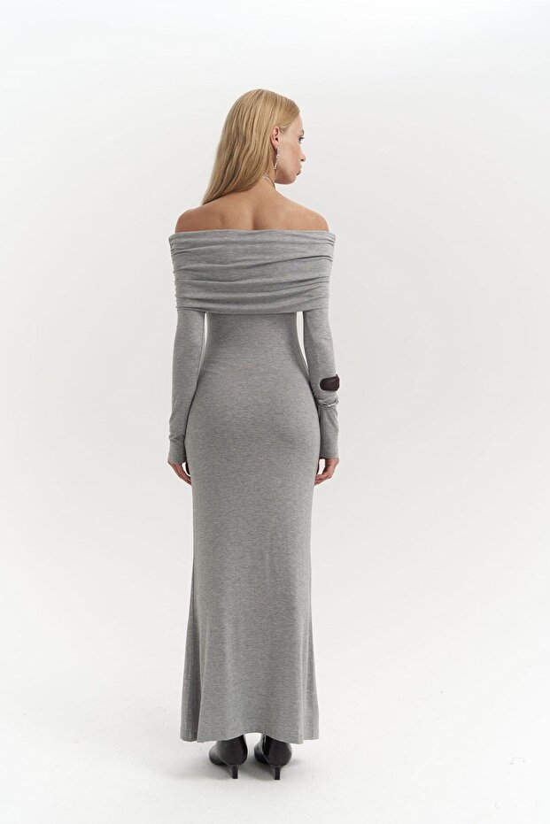Rochie lungă gri cu guler Afro Carmen - 4