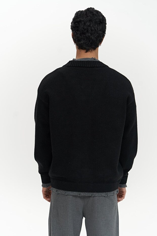 Raid Çift Yaka Siyah Erkek Triko Kazak - 3