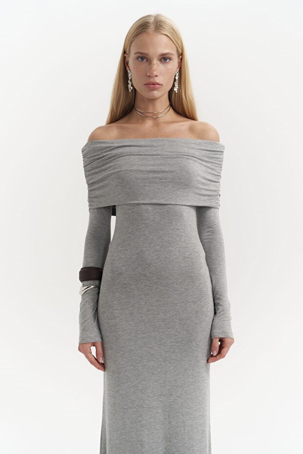 Rochie lungă gri cu guler Afro Carmen - 5