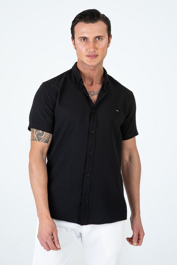 Erkek Slim Fit Dar Kesim Kısa Kollu Nefes Alan Örme Doku Yazlık Erkek Gömlek - 6