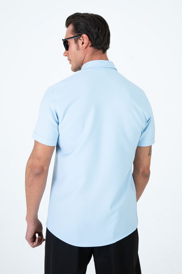 Erkek Slim Fit Dar Kesim Kısa Kollu Nefes Alan Örme Doku Yazlık Erkek Gömlek - 6