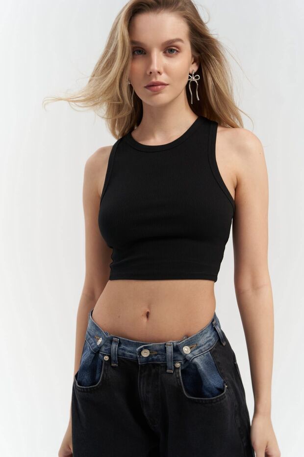 Fleur Fitilli Halter Yaka Siyah Crop - 1