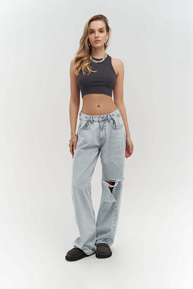 Unique Ice Blue Ripped Detail Jean Pants