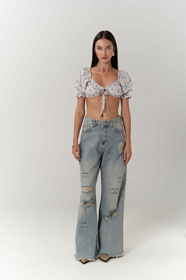 Lisa Mavi Puantiyeli Crop - 2