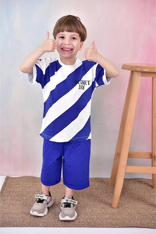 Thick Line Patterned Boy's Written Capri Set - 1