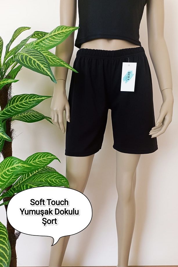 Kadın-Erkek Soft-Touch Siyah Düz Renk Yumuşak Dokulu Esnek Şort - 1