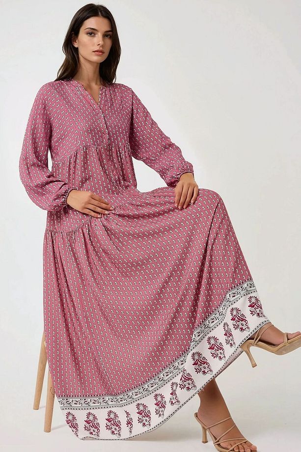 Desenli V Yaka Modest Elbise - 1
