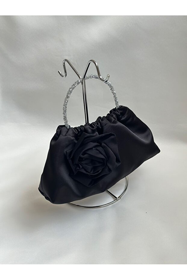 Black Satin Rose Portfolio Evening Dress Handbag