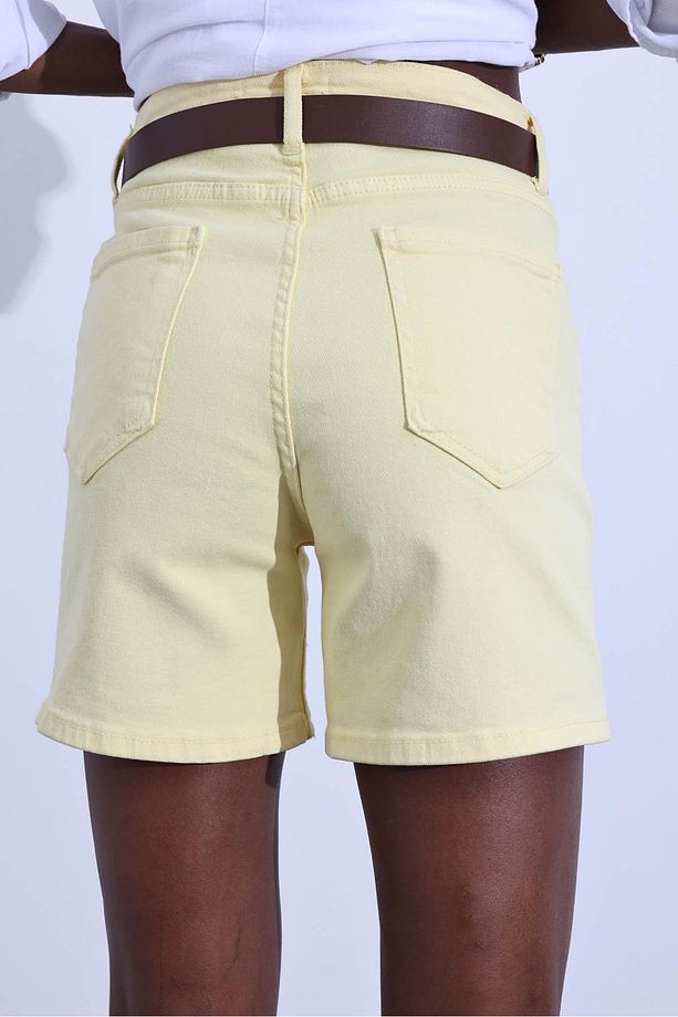 Sarı Yüksek Bel Şehir Boy Denim Şort - 5