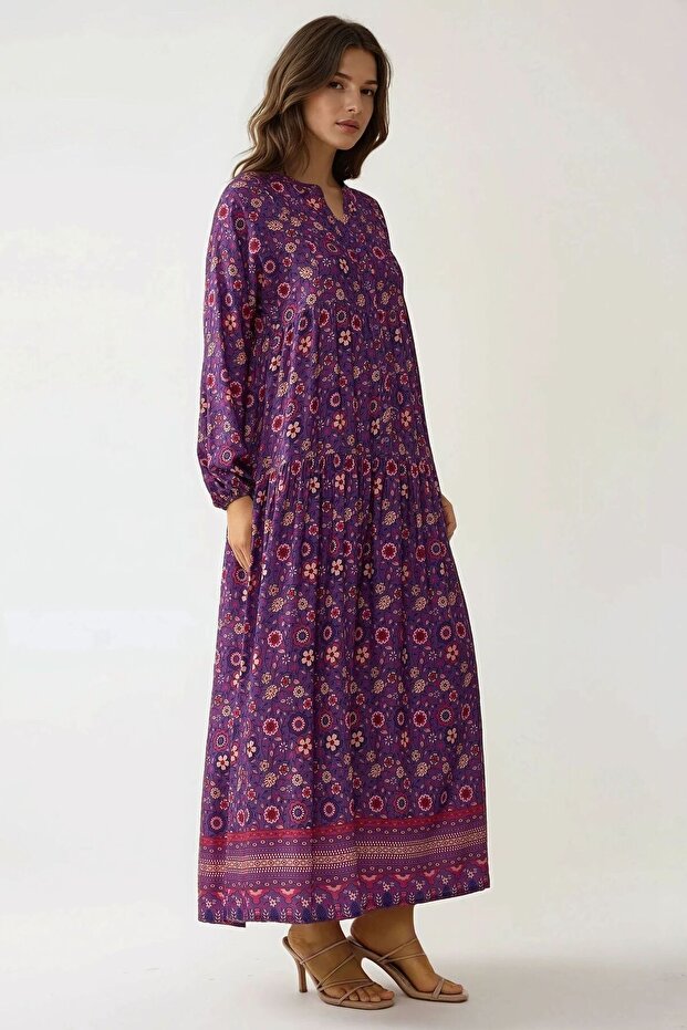 Düğmeli Baskılı V Yaka Modest Elbise - 3