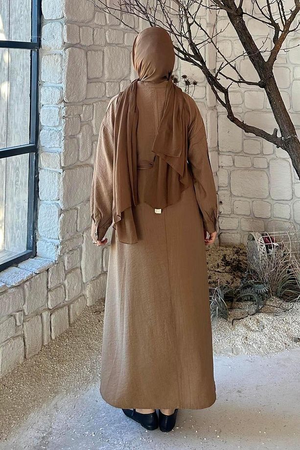 Ön Düğme Kapama Tesettür Elbise Çikolata Kahve - 4