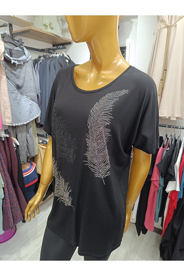 Feather Patterned Stone Flexible Crew Neck Front Printed Blouse