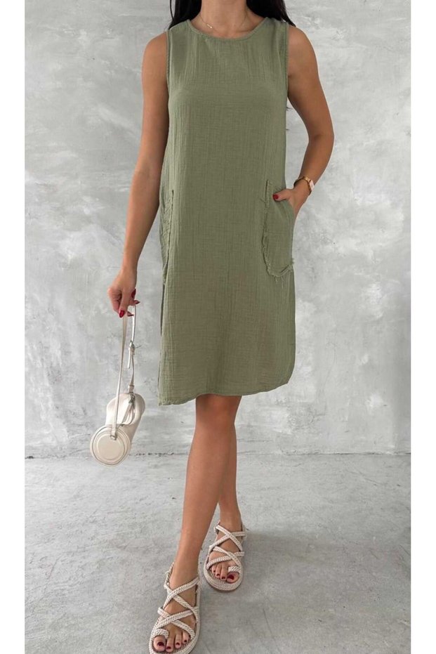 Women's Crew Neck Muslim Linen Above Knee Dress with Pocket Detail