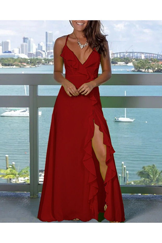 Kadın Ip Askılı Dekolteli Yırtmaç Detay Krep Elbise - 3