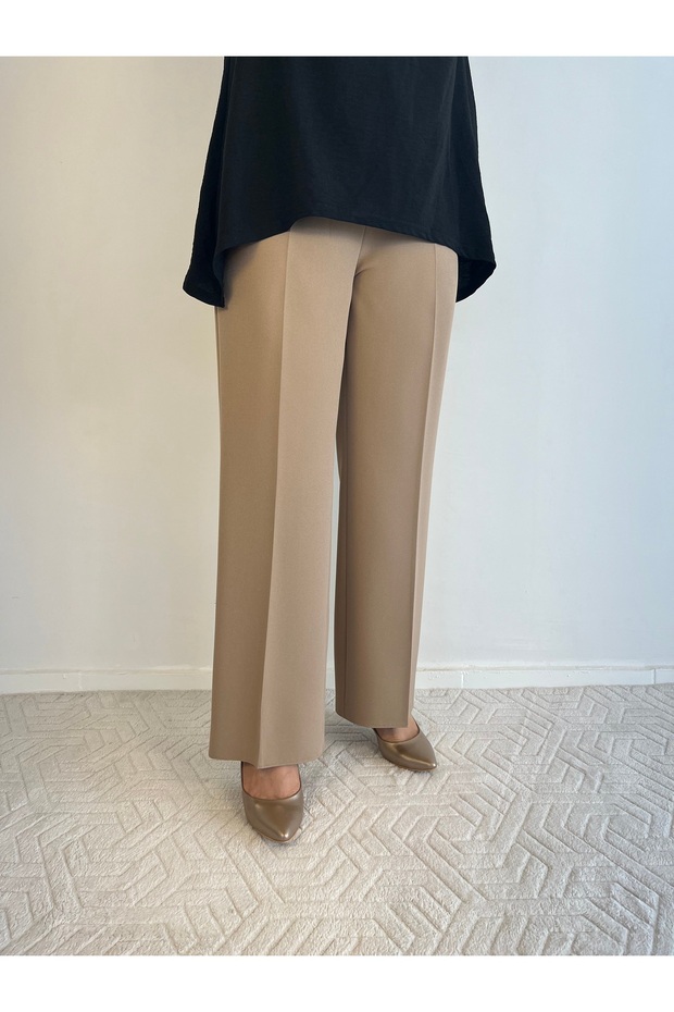 Mink Color Elastic Waist Wide Leg Pants