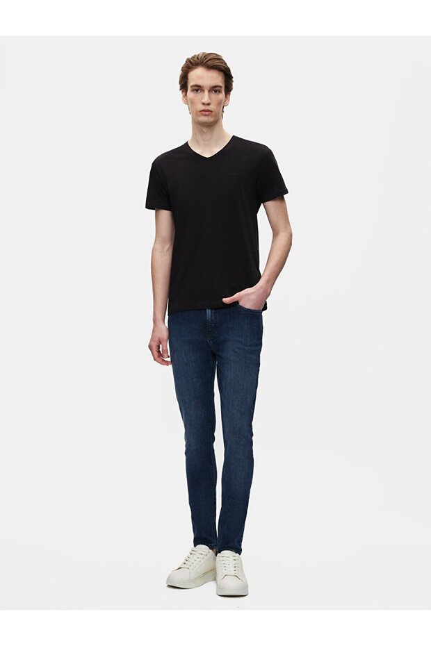V Yaka Basıc Slım Kısa Kollu Siyah T-shırt - 1
