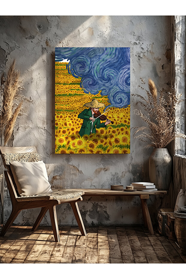 Man Playing Violin in a Field of Sunflowers Home Office Kitchen Lounge Wall Decoration Canvas Painting