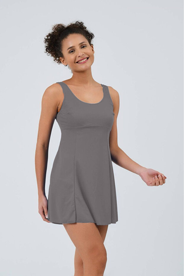 Kadın Elbiseli Şortlu Mayo Geniş Askılı Tek Parça Şortlu Elbiseli Mayo - 4