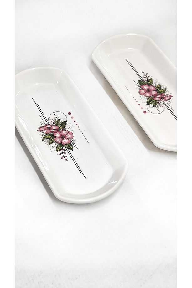 2 Adet Artless Pembe Seramik Oval Kayık Tabak Hediyelik Kahvaltılık Takımı, Seti 20cm - 4