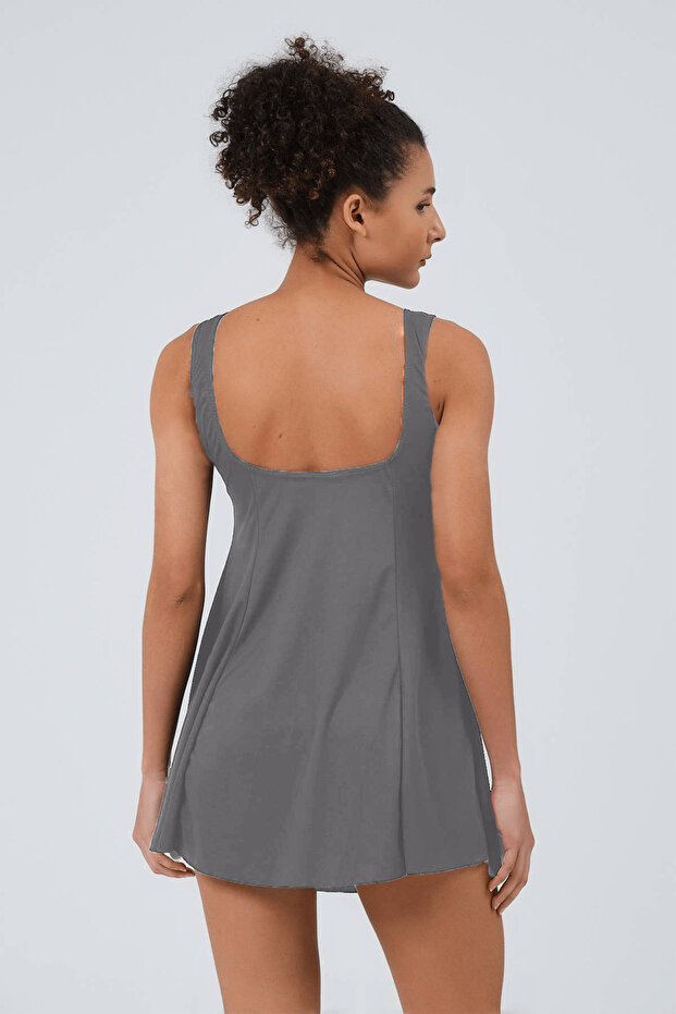 Kadın Elbiseli Şortlu Mayo Geniş Askılı Tek Parça Şortlu Elbiseli Mayo - 3