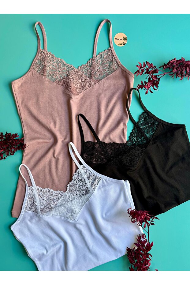 Carmen Brisa 3-Piece Black, White and Dusty Rose Modal Fabric Lace Rope Strap Women's Undershirt