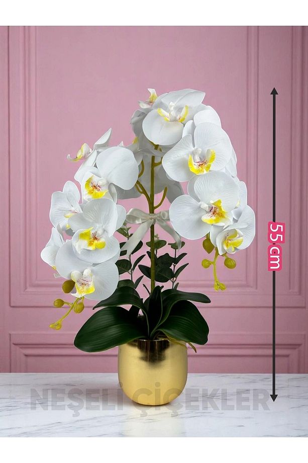 Yapay Çiçek Beyaz Islak Orkide 2 Dallı Lüks Gold Metal Saksıda 55 cm Dekoratif Hediye Çiçek - 7