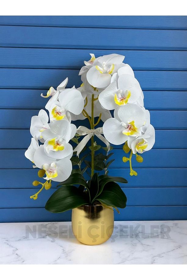 Yapay Çiçek Beyaz Islak Orkide 2 Dallı Lüks Gold Metal Saksıda 55 cm Dekoratif Hediye Çiçek - 3
