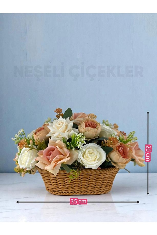 Yapay Çiçek Sepette Aranjman Gül Şakayık Dekoratif Çiçek Sepeti 35x22x26 Cm - 4