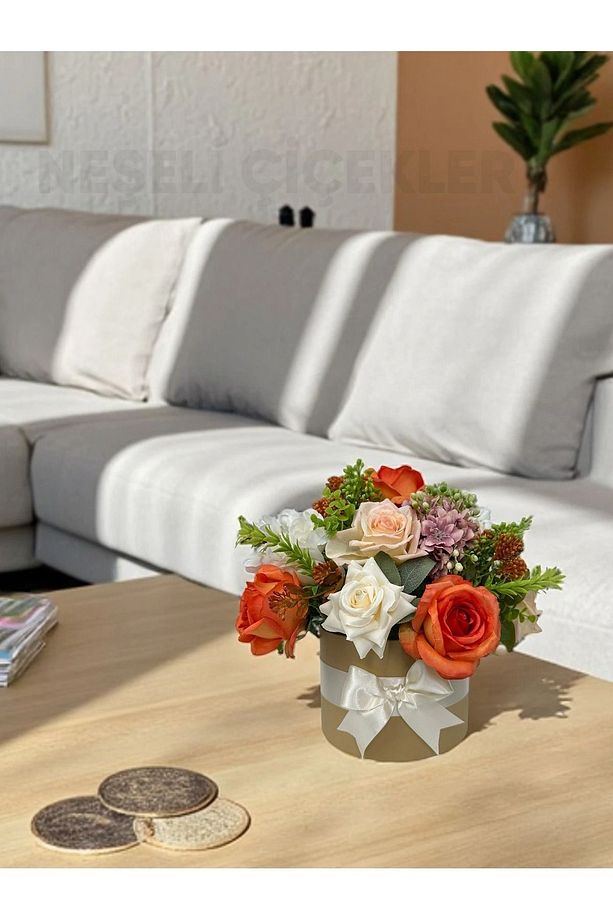 Silindir Kutuda Yapay Çiçek Aranjmanı Turuncu & Krem Güller Dekoratif Hediye Çiçek 30x30cm - 3