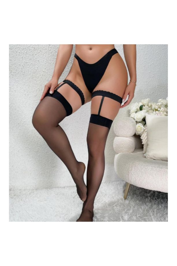 Kadın Siyah Dantel Bacak Bantlı String Jartiyer Çorap Takımı Bc0046 - 1