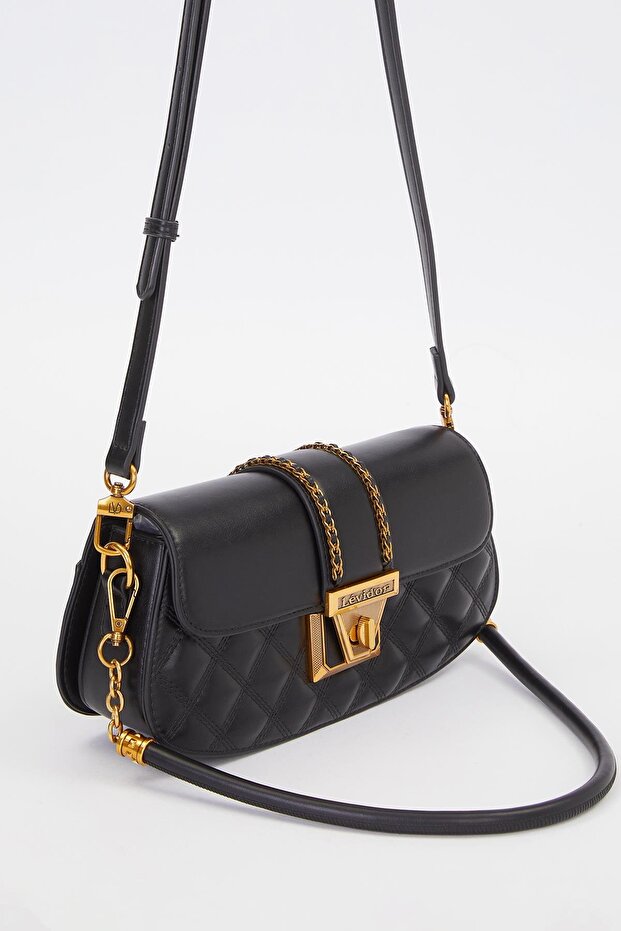 Black Oval Quilted Pattern Shoulder Bag - 3