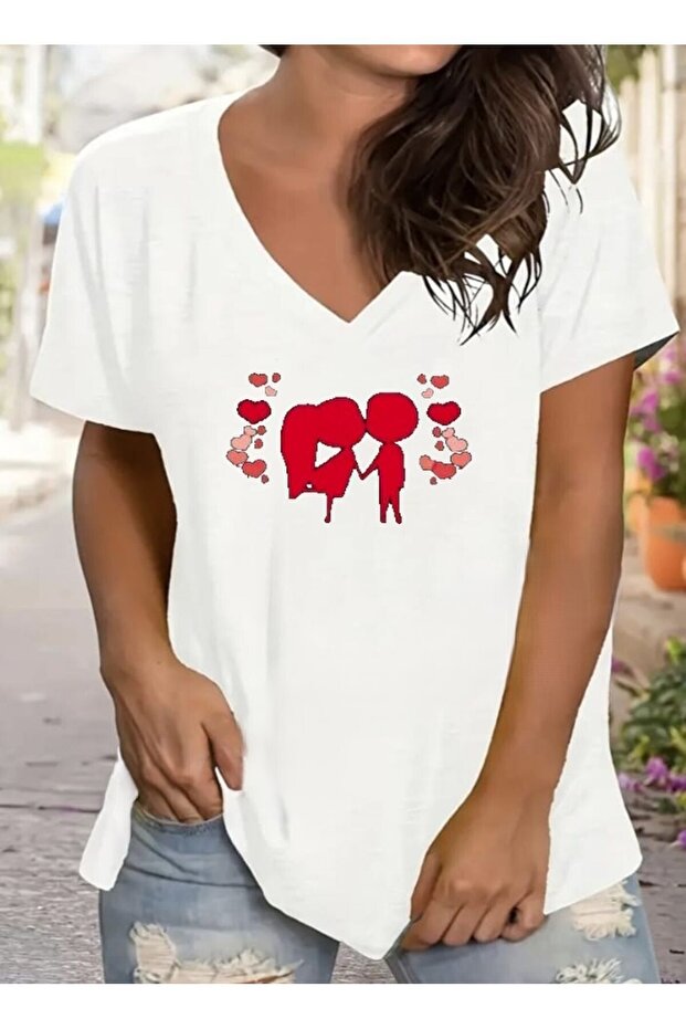 Women's V-Neck Printed White Oversized T-Shirt Loose