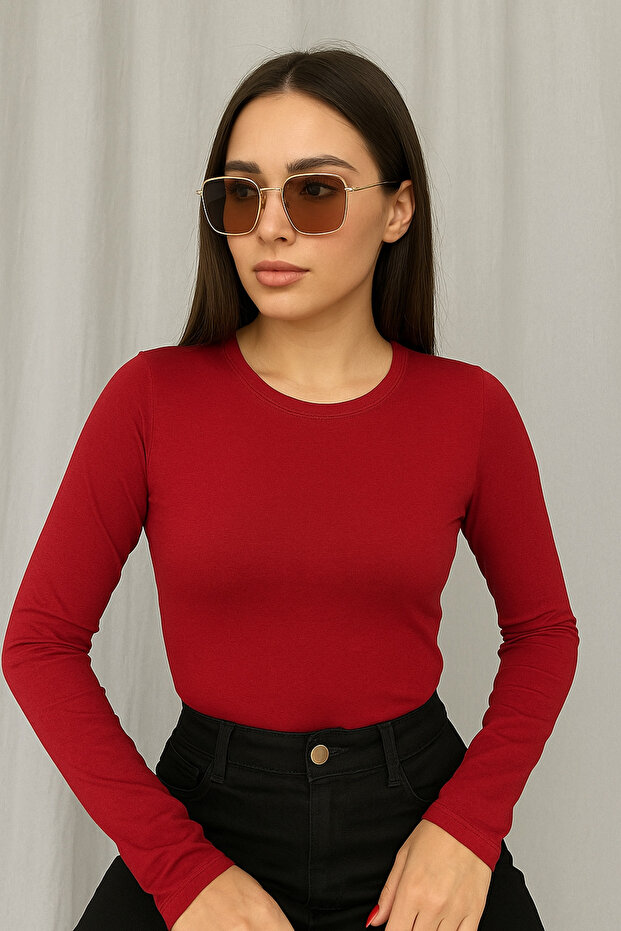Women's Burgundy Crew Neck Long Sleeve Badi