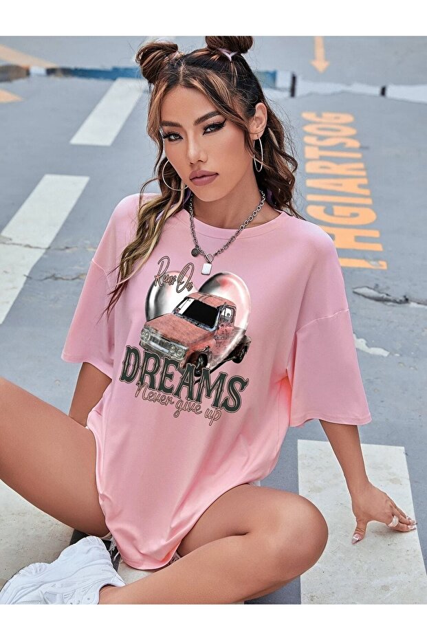 Never Give Up Printed Pink Oversize Salas Boyfriend Women's T-shirt Top Blouse