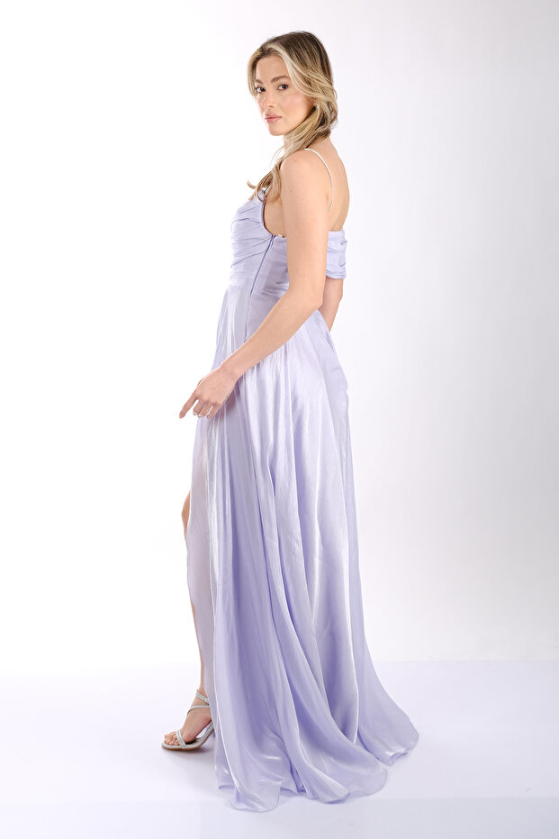 Doridorca Tek Omuzlu Drape Önden Yırtmaçlı Abiye Elbise - 7