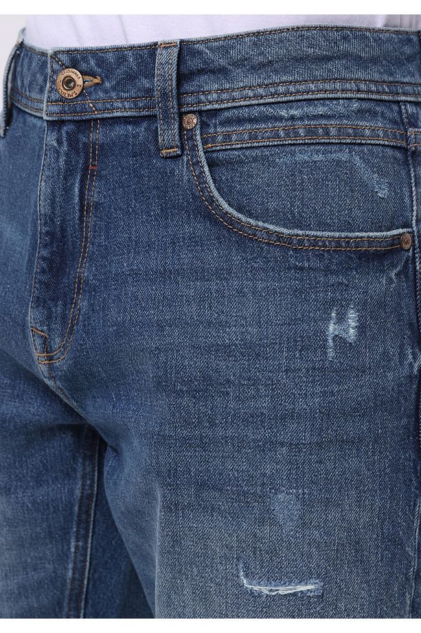 Regular Fit Orta Bel Düz Erkek İndigo Jean Şort - 5