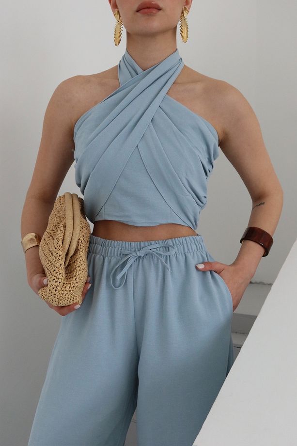 Mavi Boyundan Bağlı Büstiyer Pantolon Takım - 30352 - 6
