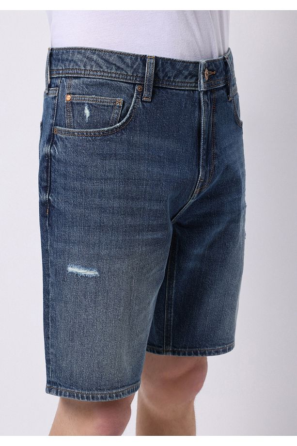 Regular Fit Orta Bel Düz Erkek İndigo Jean Şort - 4