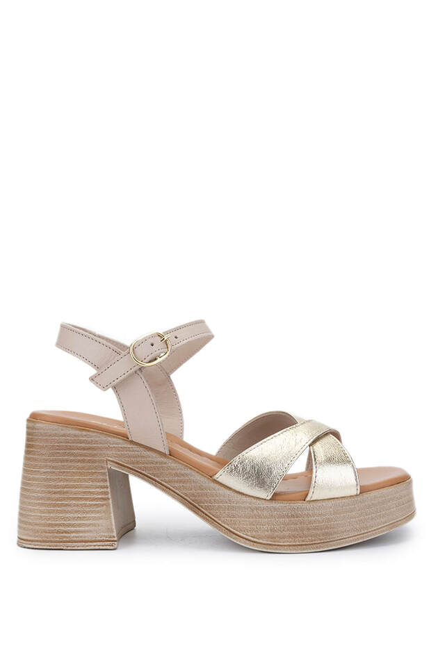 Women's Genuine Leather Beige Heeled Sandals