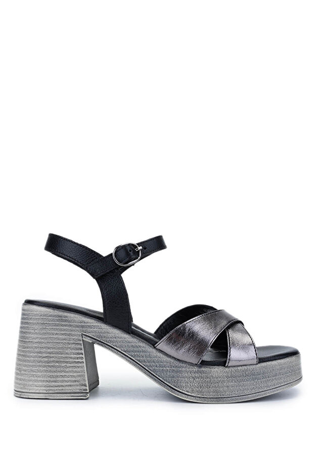 Women's Genuine Leather Black Heeled Sandals