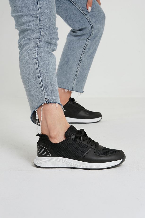 Kadın Siyah Bağcıklı File Detaylı Deri Sneaker 2,5 Cm Byndf301 - 1