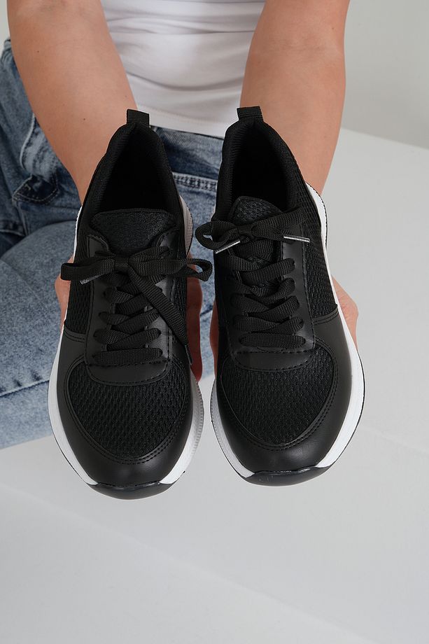 Kadın Siyah Bağcıklı File Detaylı Deri Sneaker 2,5 Cm Byndf301 - 4