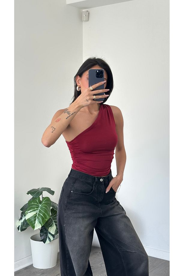 Bordo Tek Omuzlu Basic Bluz - 4