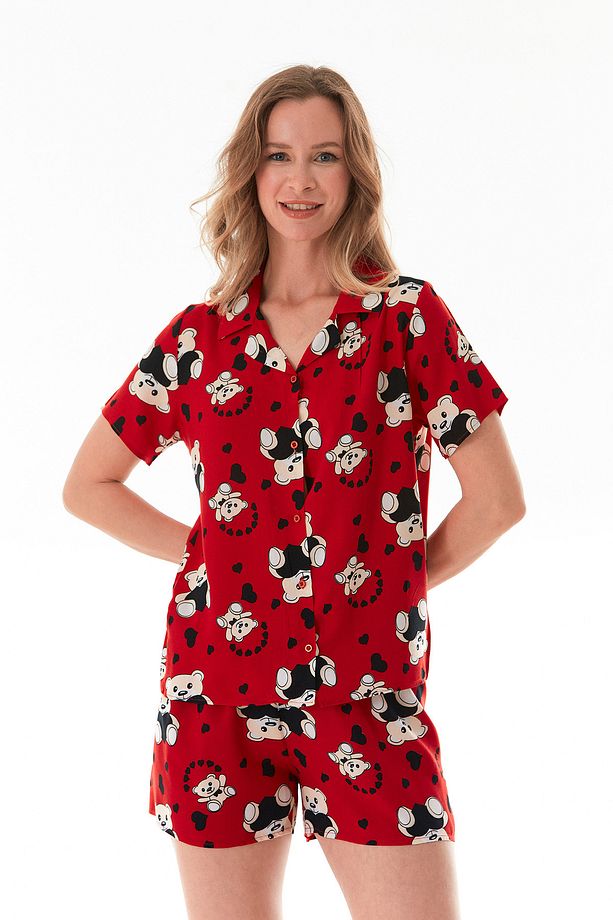Ayıcık Desenli Gömlek Yaka Şortlu Pijama Takımı - 5