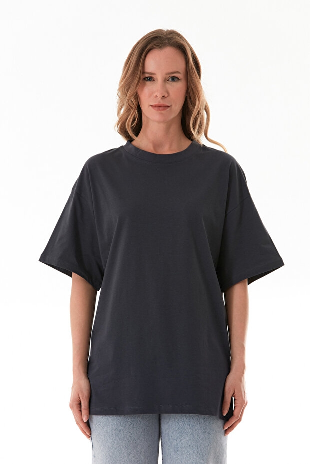 Basic Oversize Bisiklet Yaka Tişört - 6