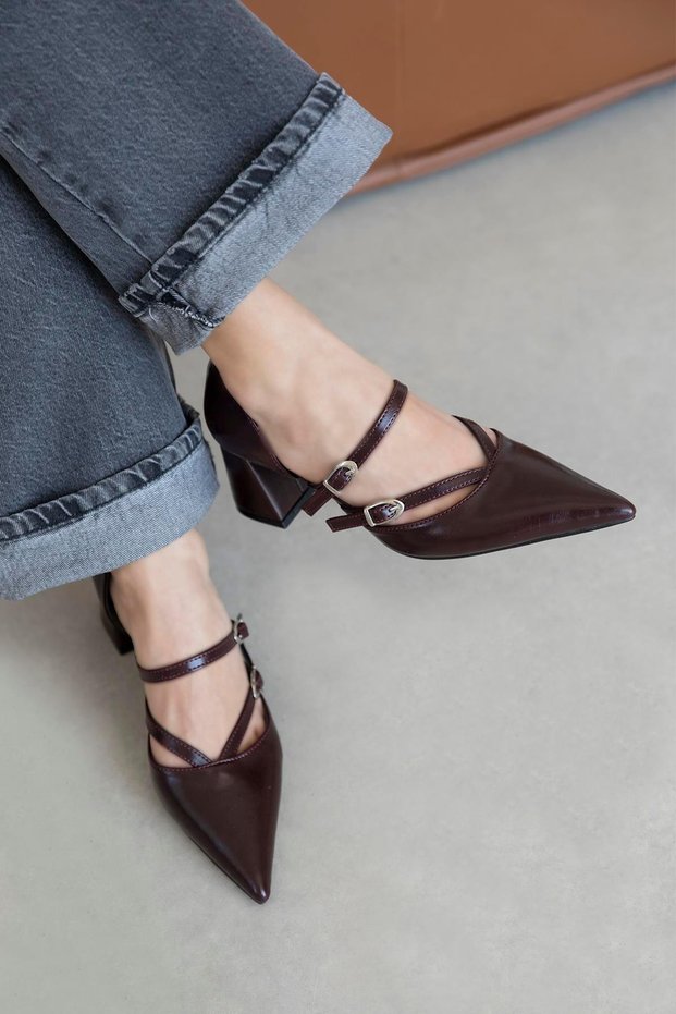Stana Women's Crinkle Leather Heeled Shoes Burgundy