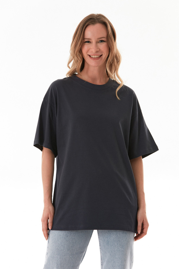 Basic Oversize Bisiklet Yaka Tişört - 1