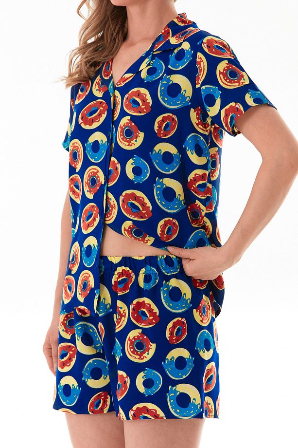 Donut Desenli Gömlek Yaka Şortlu Pijama Takımı - 7