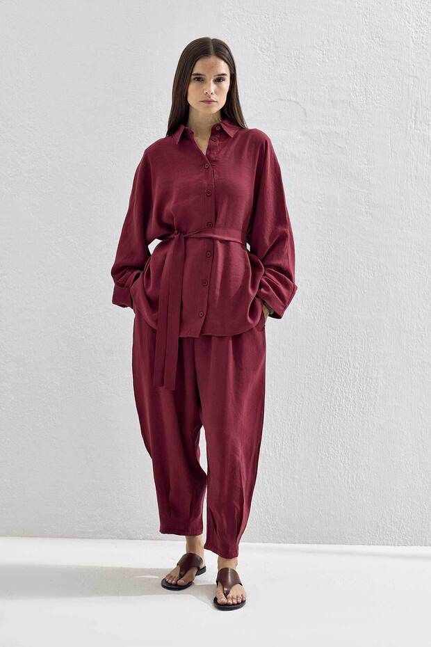 Basic Oversize Bordo Pantolon Takım - 1